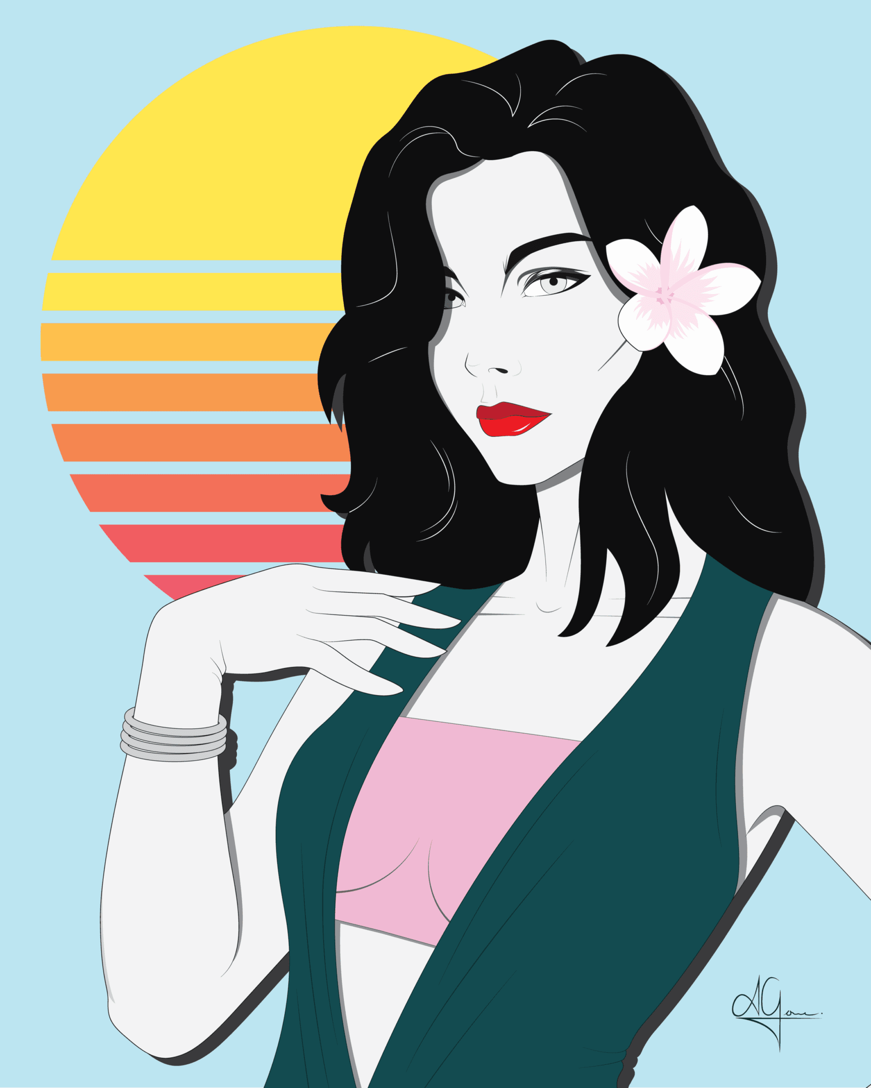 Stylized portrait of a woman with dark hair and a flower in her hair.